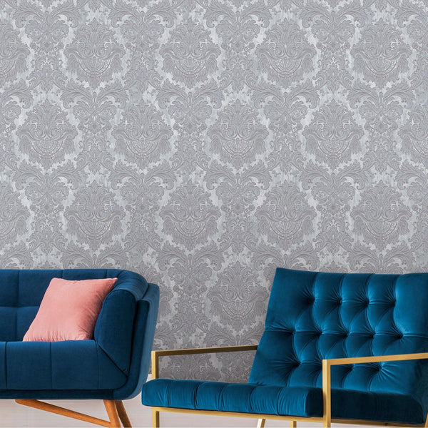 Silver Rich Baroque Damask Wallpaper Deep Embossed Shimmering Vintage Design - Adawall -Houston Wallpaper Store - Walcoverings, Curtains & Wall Panels