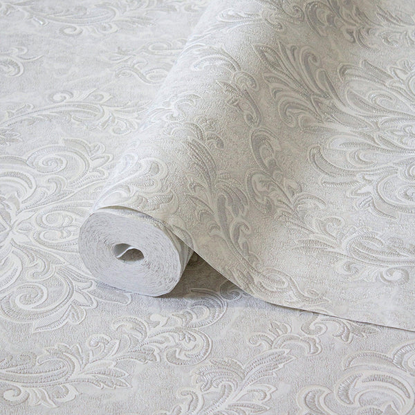 Stylish Baroque Deep Embossed Wallpaper, Light Gray, Timeless Damask Ornate Patterns Sparkling Wallcovering, Elegant Washed Colors Design - Adawall -Houston Wallpaper Store - Walcoverings, Curtains & Wall Panels