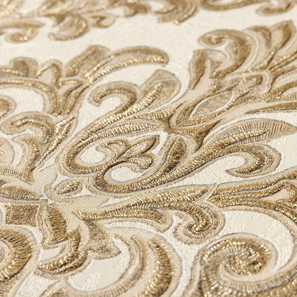 Stylish Baroque Deep Embossed Wallpaper, White, Gold, Timeless Damask Ornate Patterns Sparkling Wallcovering, Elegant Washed Colors Design - Adawall -Houston Wallpaper Store - Walcoverings, Curtains & Wall Panels