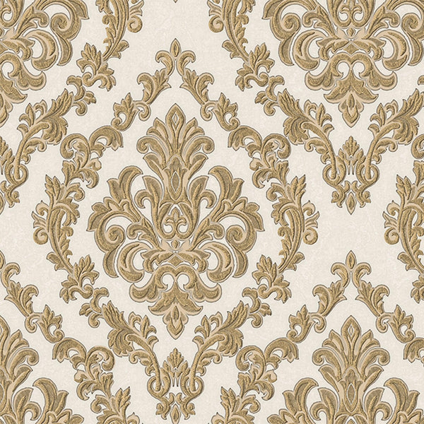 Stylish Baroque Deep Embossed Wallpaper, White, Gold, Timeless Damask Ornate Patterns Sparkling Wallcovering, Elegant Washed Colors Design - Adawall -Houston Wallpaper Store - Walcoverings, Curtains & Wall Panels
