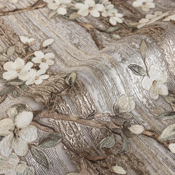 Stylish Floral Wallpaper, Brown, White Embossed Flocked Botanical Blossom Pattern, Bloom Design, Trendy Wall Accent Decoration - Adawall -Houston Wallpaper Store - Walcoverings, Curtains & Wall Panels