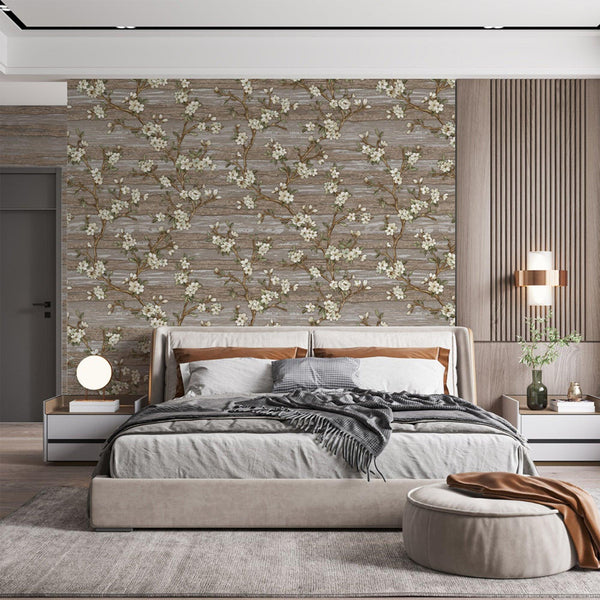 Stylish Floral Wallpaper, Brown, White Embossed Flocked Botanical Blossom Pattern, Bloom Design, Trendy Wall Accent Decoration - Adawall -Houston Wallpaper Store - Walcoverings, Curtains & Wall Panels