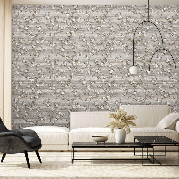 Stylish Floral Wallpaper, Gray, Brown Embossed Flocked Botanical Blossom Pattern, Bloom Design, Trendy Wall Accent Decoration - Adawall -Houston Wallpaper Store - Walcoverings, Curtains & Wall Panels