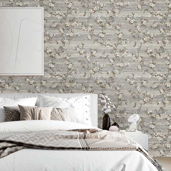 Stylish Floral Wallpaper, Gray, Brown Embossed Flocked Botanical Blossom Pattern, Bloom Design, Trendy Wall Accent Decoration - Adawall -Houston Wallpaper Store - Walcoverings, Curtains & Wall Panels