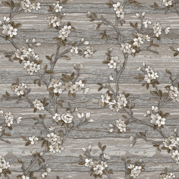 Stylish Floral Wallpaper, Gray, Brown Embossed Flocked Botanical Blossom Pattern, Bloom Design, Trendy Wall Accent Decoration - Adawall -Houston Wallpaper Store - Walcoverings, Curtains & Wall Panels