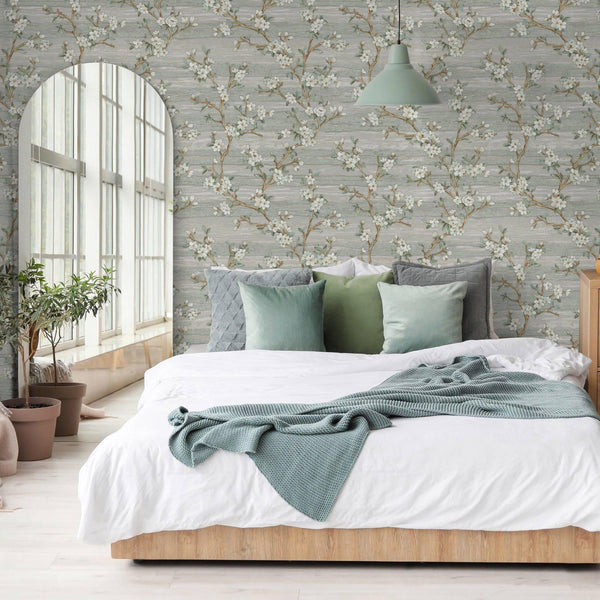 Stylish Floral Wallpaper, Green, White Embossed Flocked Botanical Blossom Pattern, Bloom Design, Trendy Wall Accent Decoration - Adawall -Houston Wallpaper Store - Walcoverings, Curtains & Wall Panels