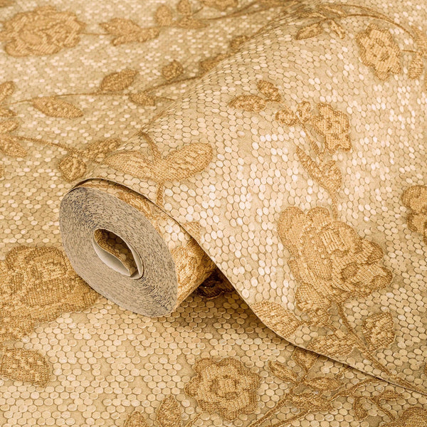 Stylish Golden Pattern Floral Embossed Wallpaper, Home Wall Decor, Aesthetic Wallpaper, Textured Wallcovering Non-Adhesive, Honeycomb Decor - Adawall -Houston Wallpaper Store - Walcoverings, Curtains & Wall Panels