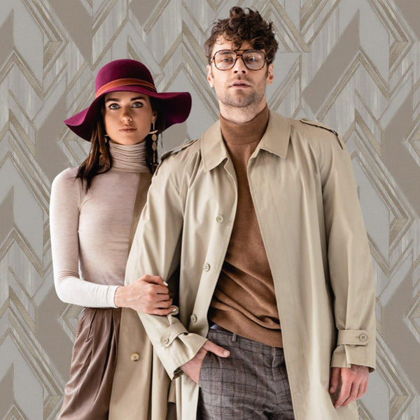 Stylish Herringbone Geometric Wallpaper, Brown, Gold Embossed Large Zigzag Pattern Wallcovering Wall Accent - Adawall -Houston Wallpaper Store - Walcoverings, Curtains & Wall Panels