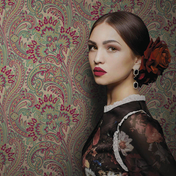 Stylish Paisley Green Red Wallpaper, Textured Wallcovering, Large 114 sq ft Roll, Washable, Home Wall Decor, Accent Wall Paper, Washable - Adawall -Houston Wallpaper Store - Walcoverings, Curtains & Wall Panels