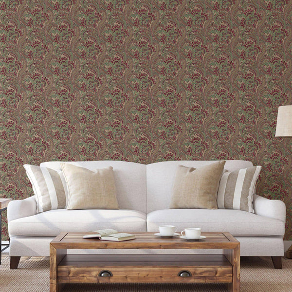 Stylish Paisley Green Red Wallpaper, Textured Wallcovering, Large 114 sq ft Roll, Washable, Home Wall Decor, Accent Wall Paper, Washable - Adawall -Houston Wallpaper Store - Walcoverings, Curtains & Wall Panels