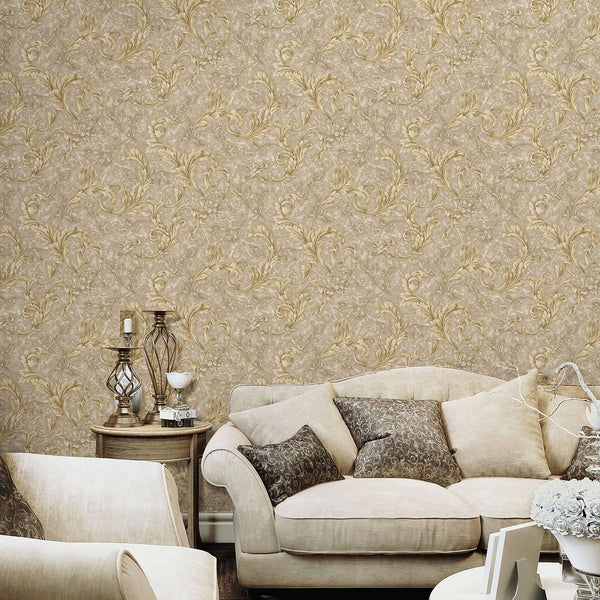 Textured Flowered Beige Gold Embossed Wallpaper, Home Wall Decor, Aesthetic Wallpaper, Textured Wallcovering Non-Adhesive- 41.7”W X 393”H - Adawall -Houston Wallpaper Store - Walcoverings, Curtains & Wall Panels