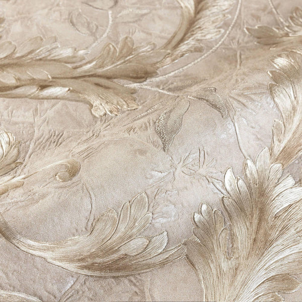 Textured Flowered Beige Gold Embossed Wallpaper, Home Wall Decor, Aesthetic Wallpaper, Textured Wallcovering Non-Adhesive- 41.7”W X 393”H - Adawall -Houston Wallpaper Store - Walcoverings, Curtains & Wall Panels