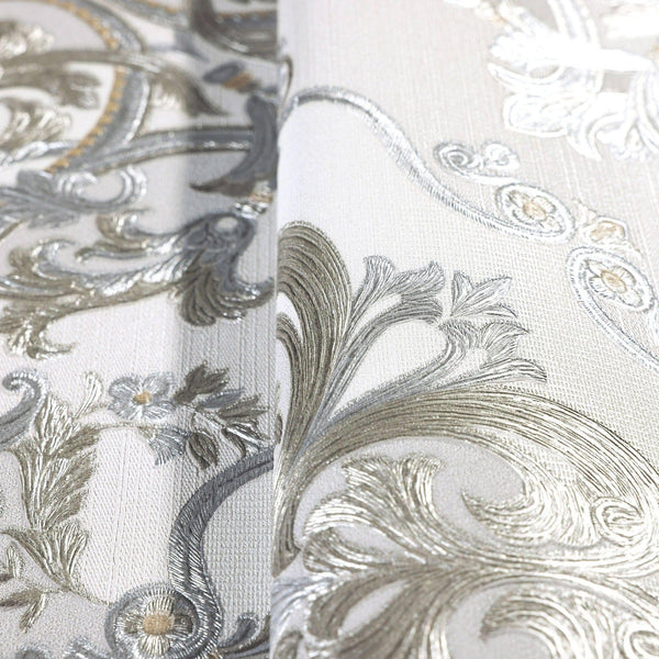 Timeless Design 3D Embossed Damask Wallpaper, Silver, White Luxury Velvet Feeling Wallcovering, Large 114 sq ft Roll - Adawall -Houston Wallpaper Store - Walcoverings, Curtains & Wall Panels