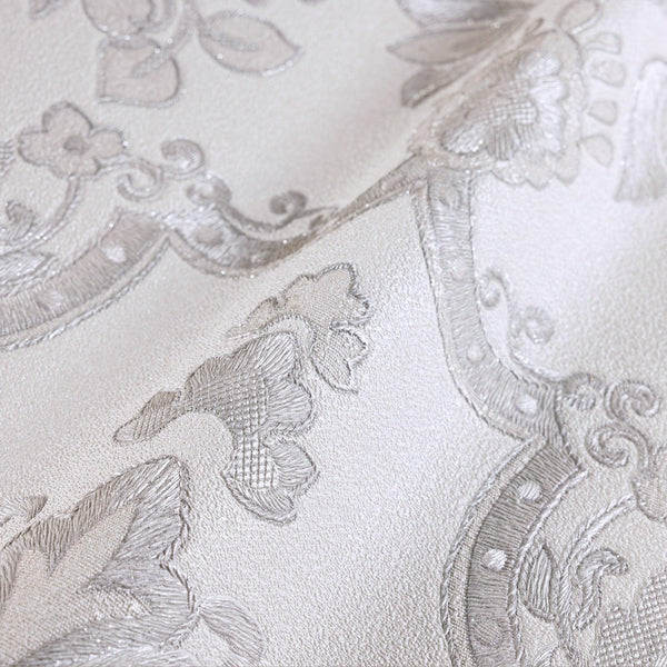 Timeless Ornate Embossed Wallpaper, Light Gray, Fabric Like, Rich 3D Textured Flocked Luxury Wallcovering Design, Non-Woven - Adawall -Houston Wallpaper Store - Walcoverings, Curtains & Wall Panels