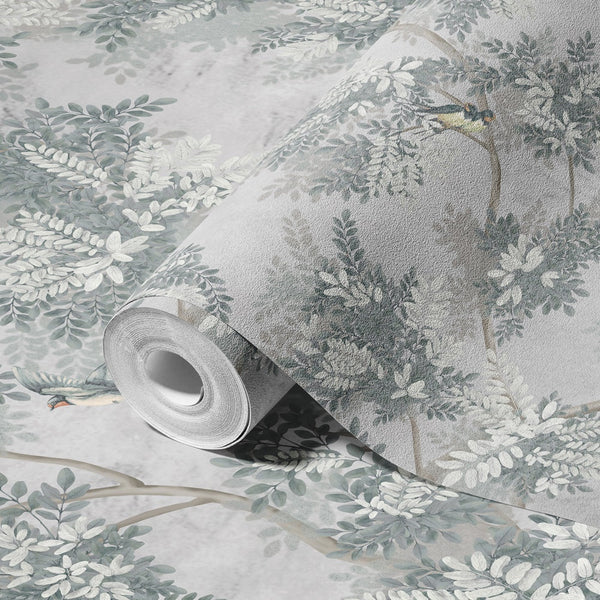 Tree Leaves Wall Mural, Birds Chinoiserie Wallpaper, Gray Oversized Botanical Custom Size Wall Paper, Non-Woven, Modern Wall Art, Non-Pasted, Removable - Adawall -Houston Wallpaper Store - Walcoverings, Curtains & Wall Panels