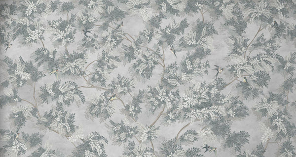 Tree Leaves Wall Mural, Birds Chinoiserie Wallpaper, Gray Oversized Botanical Custom Size Wall Paper, Non-Woven, Modern Wall Art, Non-Pasted, Removable - Adawall -Houston Wallpaper Store - Walcoverings, Curtains & Wall Panels