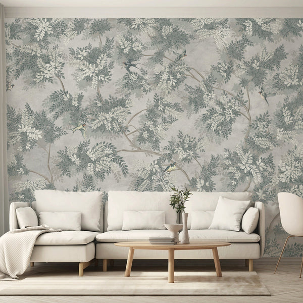 Tree Leaves Wall Mural, Birds Chinoiserie Wallpaper, Gray Oversized Botanical Custom Size Wall Paper, Non-Woven, Modern Wall Art, Non-Pasted, Removable - Adawall -Houston Wallpaper Store - Walcoverings, Curtains & Wall Panels