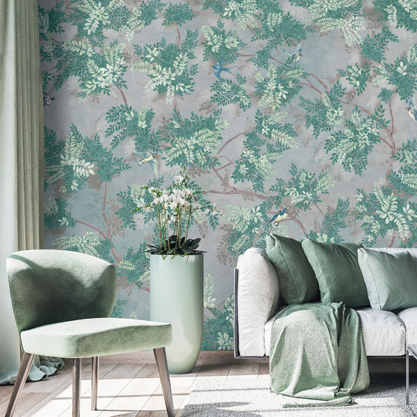 Tree Leaves Wall Mural, Birds Chinoiserie Wallpaper, Green Oversized Botanical Custom Size Wall Paper, Non-Woven, Modern Wall Art, Non-Pasted, Removable - Adawall -Houston Wallpaper Store - Walcoverings, Curtains & Wall Panels