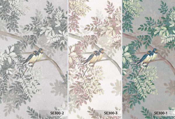 Tree Leaves Wall Mural, Birds Chinoiserie Wallpaper, Green Oversized Botanical Custom Size Wall Paper, Non-Woven, Modern Wall Art, Non-Pasted, Removable - Adawall -Houston Wallpaper Store - Walcoverings, Curtains & Wall Panels