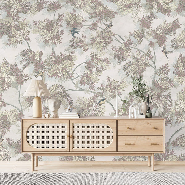 Tree Leaves Wall Mural, Birds Chinoiserie Wallpaper, Yellow Oversized Botanical Custom Size Wall Paper, Non-Woven, Modern Wall Art, Non-Pasted, Removable - Adawall -Houston Wallpaper Store - Walcoverings, Curtains & Wall Panels