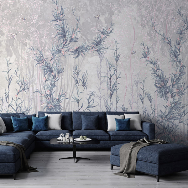 Tree Wall Mural, Blue Flowers Blossom Wallpaper, Extra Large Oversized Stylish Custom Size Wall Covering, Non-Woven, Non-Adhesive, Modern - Adawall -Houston Wallpaper Store - Walcoverings, Curtains & Wall Panels