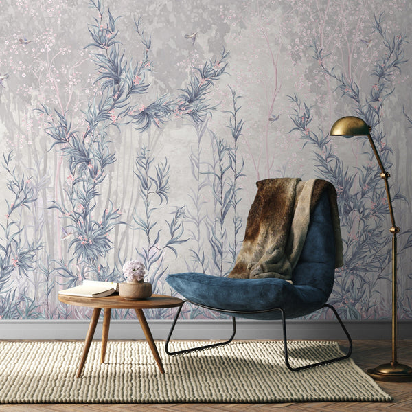 Tree Wall Mural, Blue Flowers Blossom Wallpaper, Extra Large Oversized Stylish Custom Size Wall Covering, Non-Woven, Non-Adhesive, Modern - Adawall -Houston Wallpaper Store - Walcoverings, Curtains & Wall Panels