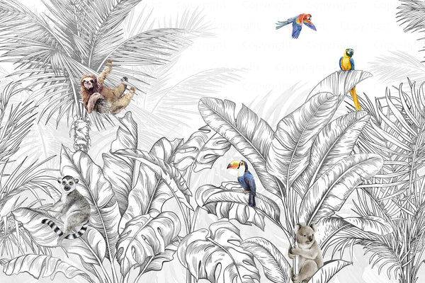 Tropical Animals Wallpaper, Black and White Drawing Wall Mural, Custom Size Wall Covering, Non-Woven, Non-Pasted, Removable, Art - Adawall -Houston Wallpaper Store - Walcoverings, Curtains & Wall Panels