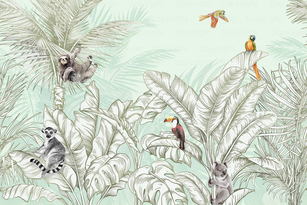 Tropical Animals Wallpaper, Green Drawing Wall Mural, Custom Size Wall Covering, Non-Woven, Non-Pasted, Removable, Art - Adawall -Houston Wallpaper Store - Walcoverings, Curtains & Wall Panels