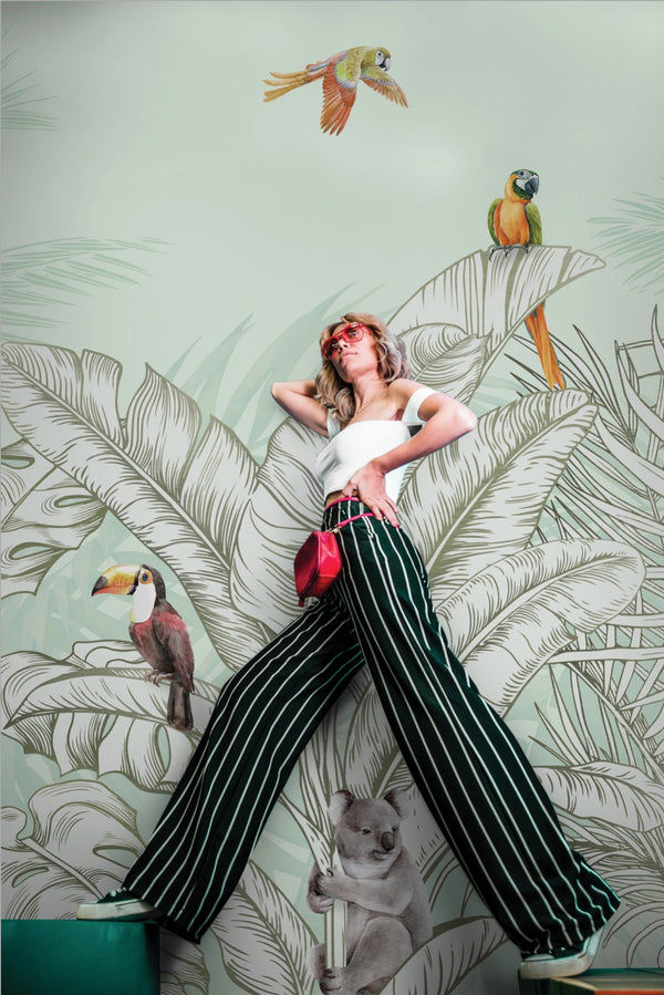 Tropical Animals Wallpaper, Green Drawing Wall Mural, Custom Size Wall Covering, Non-Woven, Non-Pasted, Removable, Art - Adawall -Houston Wallpaper Store - Walcoverings, Curtains & Wall Panels