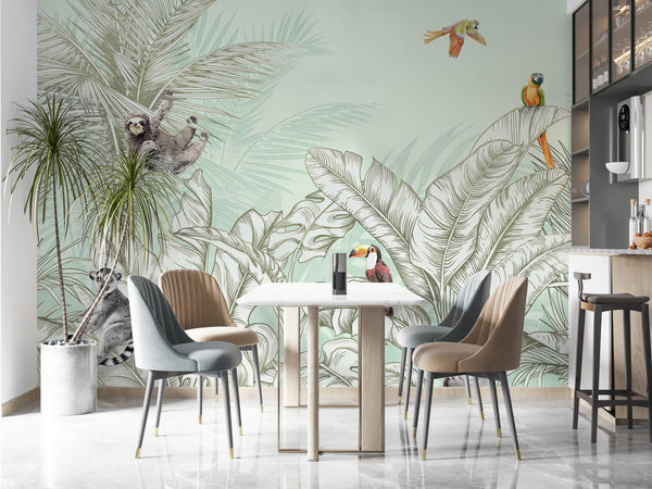 Tropical Animals Wallpaper, Green Drawing Wall Mural, Custom Size Wall Covering, Non-Woven, Non-Pasted, Removable, Art - Adawall -Houston Wallpaper Store - Walcoverings, Curtains & Wall Panels