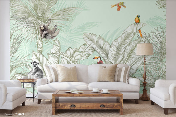 Tropical Animals Wallpaper, Green Drawing Wall Mural, Custom Size Wall Covering, Non-Woven, Non-Pasted, Removable, Art - Adawall -Houston Wallpaper Store - Walcoverings, Curtains & Wall Panels