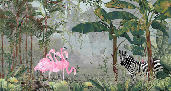 Tropical Forest Wall Mural, Flamingos, Zebra, Animals Wallpaper, Custom Size, Dark Green Oversized Print, Wall Art, Nature Theme, Jungle, Removable - Adawall -Houston Wallpaper Store - Walcoverings, Curtains & Wall Panels