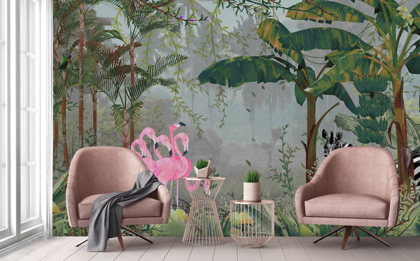 Tropical Forest Wall Mural, Flamingos, Zebra, Animals Wallpaper, Custom Size, Dark Green Oversized Print, Wall Art, Nature Theme, Jungle, Removable - Adawall -Houston Wallpaper Store - Walcoverings, Curtains & Wall Panels