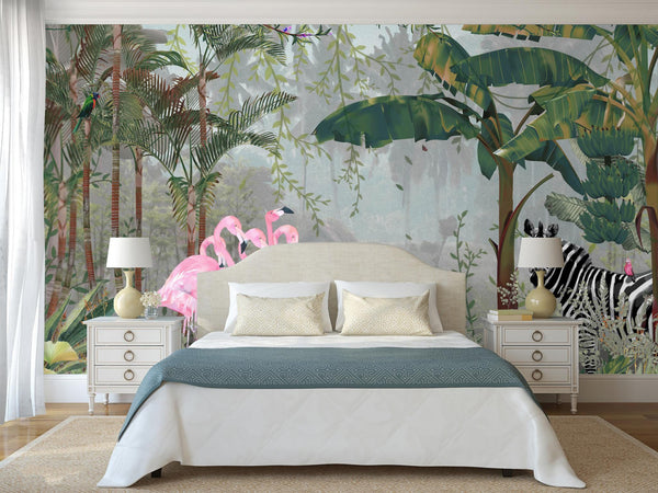 Tropical Forest Wall Mural, Flamingos, Zebra, Animals Wallpaper, Custom Size, Dark Green Oversized Print, Wall Art, Nature Theme, Jungle, Removable - Adawall -Houston Wallpaper Store - Walcoverings, Curtains & Wall Panels