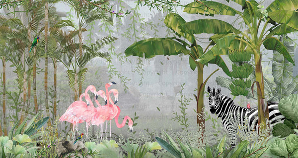 Tropical Forest Wall Mural, Flamingos, Zebra, Animals Wallpaper, Custom Size, Green Oversized Print, Wall Art, Nature Theme, Jungle, Removable - Adawall -Houston Wallpaper Store - Walcoverings, Curtains & Wall Panels