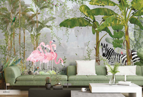 Tropical Forest Wall Mural, Flamingos, Zebra, Animals Wallpaper, Custom Size, Green Oversized Print, Wall Art, Nature Theme, Jungle, Removable - Adawall -Houston Wallpaper Store - Walcoverings, Curtains & Wall Panels