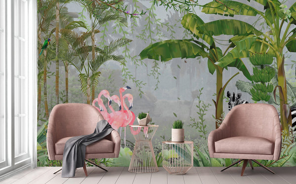 Tropical Forest Wall Mural, Flamingos, Zebra, Animals Wallpaper, Custom Size, Green Oversized Print, Wall Art, Nature Theme, Jungle, Removable - Adawall -Houston Wallpaper Store - Walcoverings, Curtains & Wall Panels