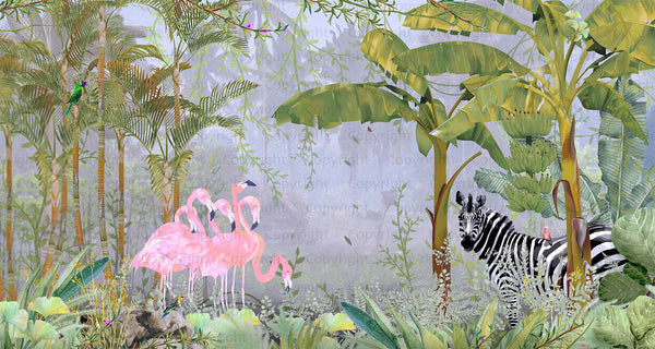 Tropical Forest Wall Mural, Flamingos, Zebra, Animals Wallpaper, Custom Size, Light Green Oversized Print, Wall Art, Nature Theme, Jungle, Removable - Adawall -Houston Wallpaper Store - Walcoverings, Curtains & Wall Panels