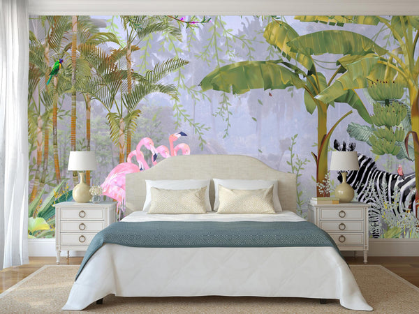 Tropical Forest Wall Mural, Flamingos, Zebra, Animals Wallpaper, Custom Size, Light Green Oversized Print, Wall Art, Nature Theme, Jungle, Removable - Adawall -Houston Wallpaper Store - Walcoverings, Curtains & Wall Panels