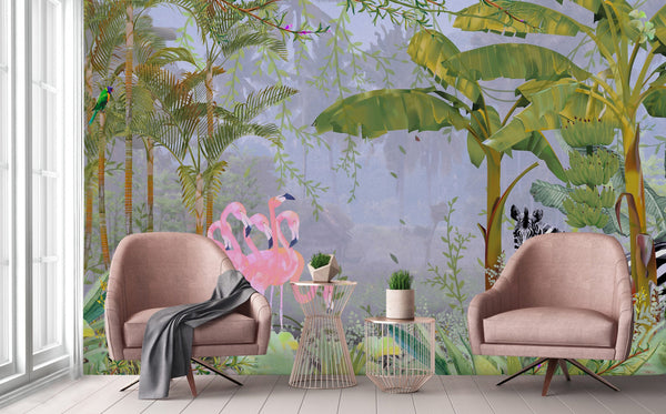 Tropical Forest Wall Mural, Flamingos, Zebra, Animals Wallpaper, Custom Size, Light Green Oversized Print, Wall Art, Nature Theme, Jungle, Removable - Adawall -Houston Wallpaper Store - Walcoverings, Curtains & Wall Panels