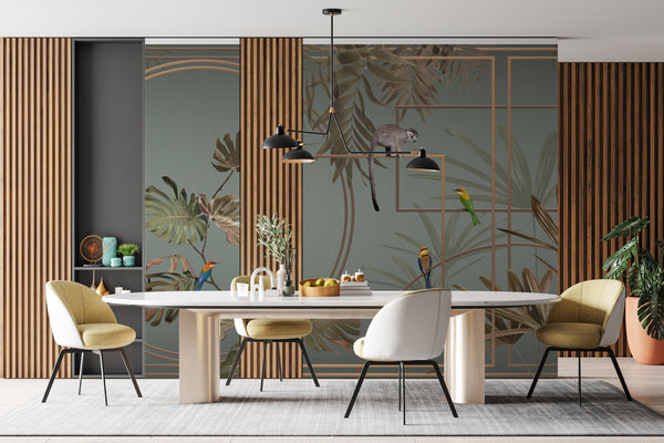 Tropical Jungle Wall Mural, Forest Wallpaper, Light Green Tree Leaf Bird, Custom Size, Non-Woven, Modern Wall Paper, Non-Pasted, Washable, Removable - Adawall -Houston Wallpaper Store - Walcoverings, Curtains & Wall Panels