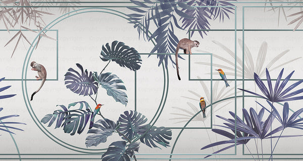 Tropical Jungle Wall Mural, Forest Wallpaper, Purple Tree Leaf Bird, Custom Size, Non-Woven, Modern Wall Paper, Non-Pasted, Washable, Removable - Adawall -Houston Wallpaper Store - Walcoverings, Curtains & Wall Panels