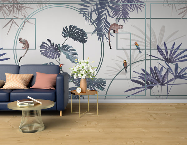 Tropical Jungle Wall Mural, Forest Wallpaper, Purple Tree Leaf Bird, Custom Size, Non-Woven, Modern Wall Paper, Non-Pasted, Washable, Removable - Adawall -Houston Wallpaper Store - Walcoverings, Curtains & Wall Panels