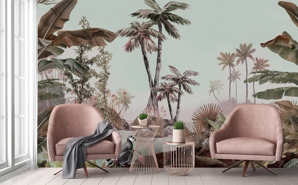 Tropical Nature Scene Wall Mural, Palm Tree, Wallpaper, Custom Size, Non-Woven, Modern Wall Paper, Non-Pasted, Washable, , Removable, Floral - Adawall -Houston Wallpaper Store - Walcoverings, Curtains & Wall Panels