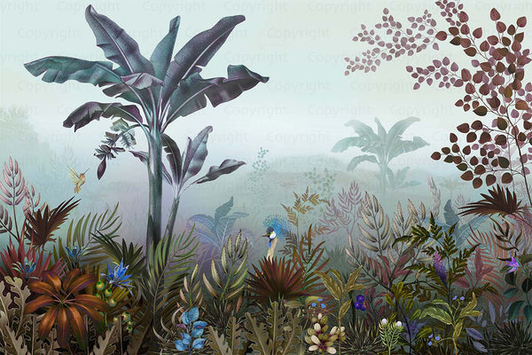 Tropical Theme Wall Mural, Blue Nature Birds Palm Tree Leaves Wallpaper, Customized Wall Art, Large Store Shop Wall Paper, Jungle, Forest Theme - Adawall -Houston Wallpaper Store - Walcoverings, Curtains & Wall Panels