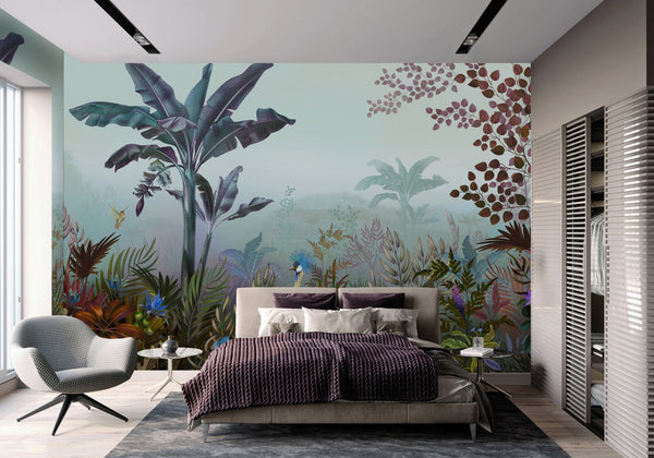 Tropical Theme Wall Mural, Blue Nature Birds Palm Tree Leaves Wallpaper, Customized Wall Art, Large Store Shop Wall Paper, Jungle, Forest Theme - Adawall -Houston Wallpaper Store - Walcoverings, Curtains & Wall Panels