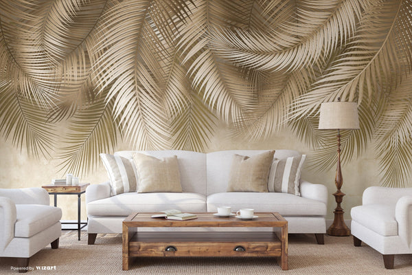 Tropical Tree Leaves Wallpaper, Above the Bed Wall Mural, Beige Leaves Custom Size Wall Covering, Non-Woven, Non-Pasted, Washable, Removable - Adawall -Houston Wallpaper Store - Walcoverings, Curtains & Wall Panels