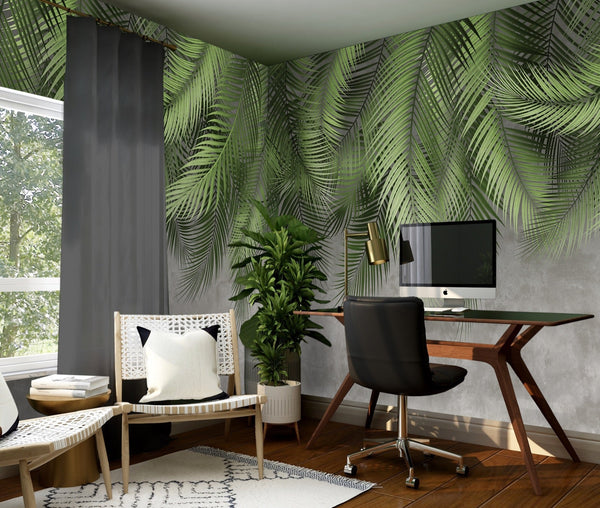 Tropical Tree Leaves Wallpaper, Above the Bed Wall Mural, Green Leaves Custom Size Wall Covering, Non-Woven, Non-Pasted, Washable, Removable - Adawall -Houston Wallpaper Store - Walcoverings, Curtains & Wall Panels