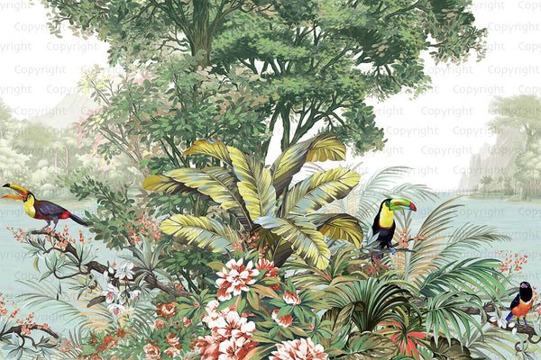 Tropical Wall Mural Art, Birds Forest Nature Theme Wallpaper, Interior Design Wall Covering, Non-Woven, Non-Pasted, Removable, Washable - Adawall -Houston Wallpaper Store - Walcoverings, Curtains & Wall Panels