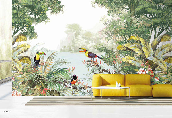 Tropical Wall Mural Art, Birds Forest Nature Theme Wallpaper, Interior Design Wall Covering, Non-Woven, Non-Pasted, Removable, Washable - Adawall -Houston Wallpaper Store - Walcoverings, Curtains & Wall Panels